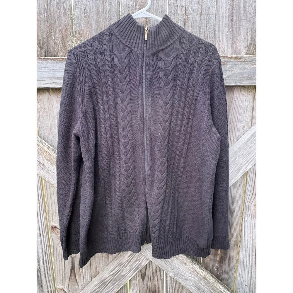 Chaps Denim Mens 2X Brown Cable Knit Full Zip Mock Neck Cotton Blend Sweater